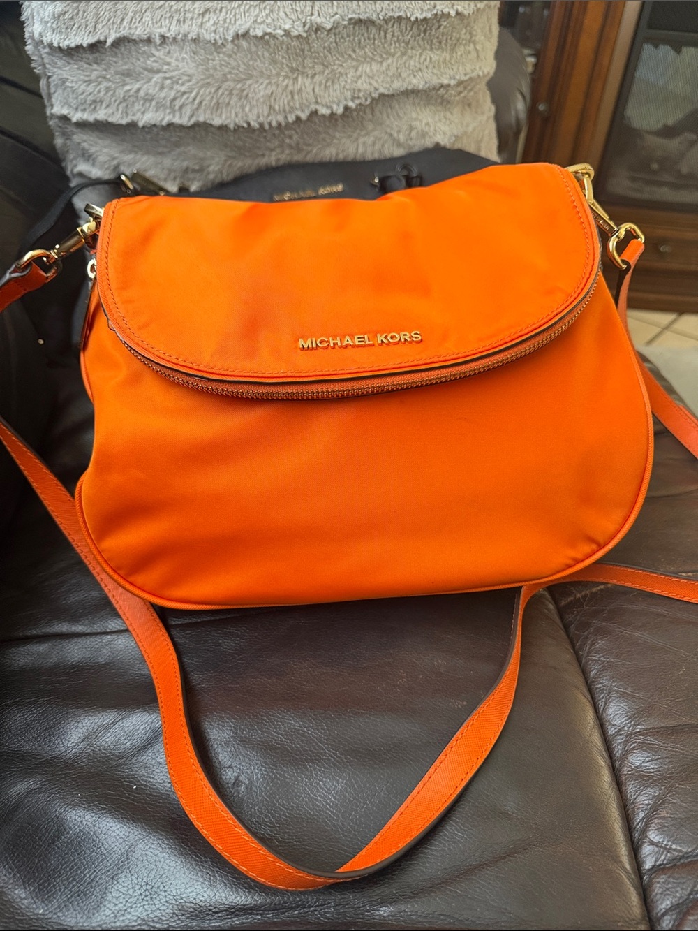 Michael Kors Bright Orange Crossbody Nylon Fold-Over Bag